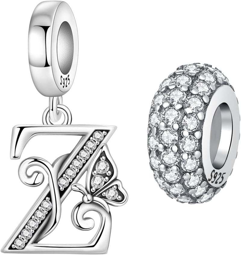 PANPOKI Store 2 Pack 925 Sterling Silver Butterfly Letter Charms for Bracelets and Necklace Alphabet Initial Dangle Pendants Round Spacer Beads Pave Cubic Zirconia Jewelry Gift for Women - Image 1